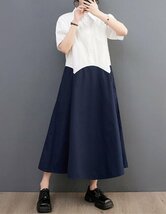 Fサイズ■夏 ゆったり 無地 配色柄 大人 ロングワンピース レディース 半袖 大きいサイズ シャツワンピース★ネイビー_画像4