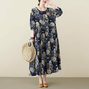 秋新品 ロングワンピース 花柄ワンピース レディース 綿麻混風 長袖 体型カバー 大きいサイズ ★Mサイズ