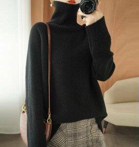 Fサイズ■秋冬 オシャレ ハイネック ニットセーター 着やすい 柔らかい 暖かい ニットトップス ■黒