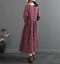 秋新品 ロングワンピース 花柄ワンピース レディース 綿麻混風 長袖 切り替え 体型カバー ★赤/2XLサイズ_画像5