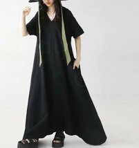 Fサイズ■夏新品 マキシロングワンピース Vネック レディース 半袖 カジュアル 無地 ロングワンピース★ブラック_画像3