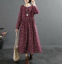 秋新品 ロングワンピース 花柄ワンピース レディース 綿麻混風 長袖 切り替え 体型カバー ★赤/2XLサイズ_画像2