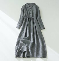 ゆるシルエット ワンピース レディース ロングワンピース きれいめ チェック柄 綿麻 長袖 体型カバー ★Lサイズ_画像1