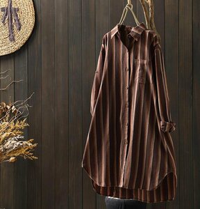 casual border pattern stylish tunic easy large size long sleeve shirt cardigan * coffee /M size 