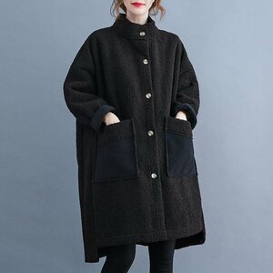 カジュアル ゆったり 大きいサイズ レディース ロングコート オシャレ 厚地 暖かいアウター■黒 /XLサイズ