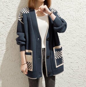 秋冬 ニットセーター ゆったり配色柄 20304050代 大人 着やすい ニットカーディガン ■紺/Mサイズ