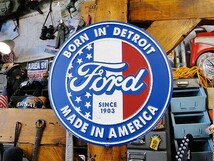 フォード　ラウンド　ブリキ看板（星条旗/ボーン　イン　デトロイト）_画像1