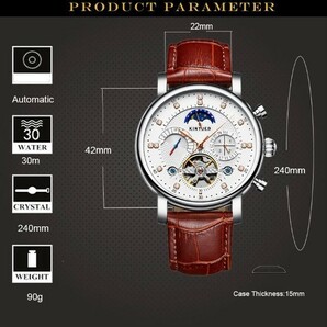 メンズ 紳士 腕時計 機械式 革 自動巻き 時計 腕時計 ムーンフェイズ ウィークマ カレンダー ビジネスの画像3
