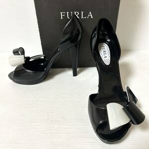 【BOX付】FURLA フルラ　リボンサンダル　ヒールサンダル　エナメル パンプス ヒール10.5cm 35 22.5cm ブラック ＊CP