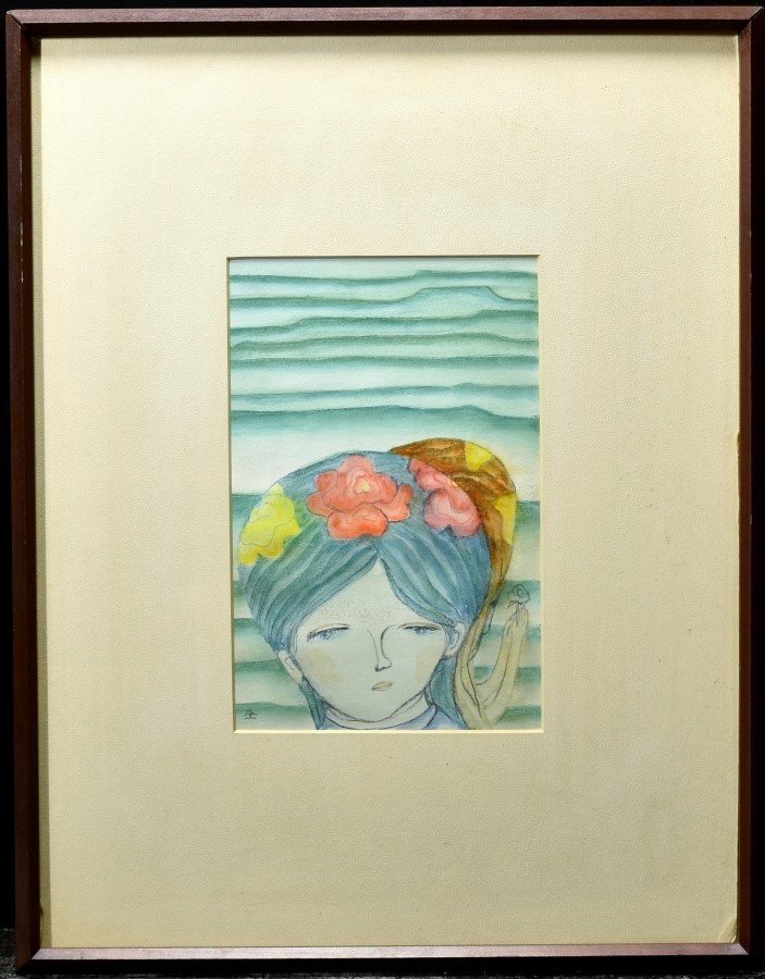 【蔵a2187a】杢田たけを 水彩 ｢花かんむりの少女｣ 額装, 絵画, 水彩, 人物画