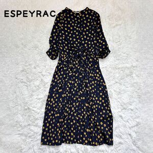 ESPEYRACレトロ柄　花柄　ネイビー　プリーツワンピース　ウエストリボン　ロングスカート