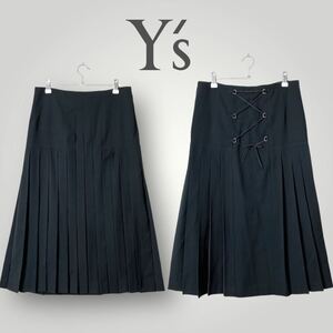 [美品] Y'sワイズ / プリーツスカート 黒 レースアップ サイドジップ