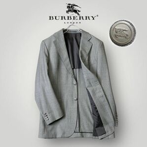 [美品 上質] BURBERRY LONDON バーバリーロンドン ウール シルク メタルボタン 2ボタン グレー ヘリンボーンの画像1
