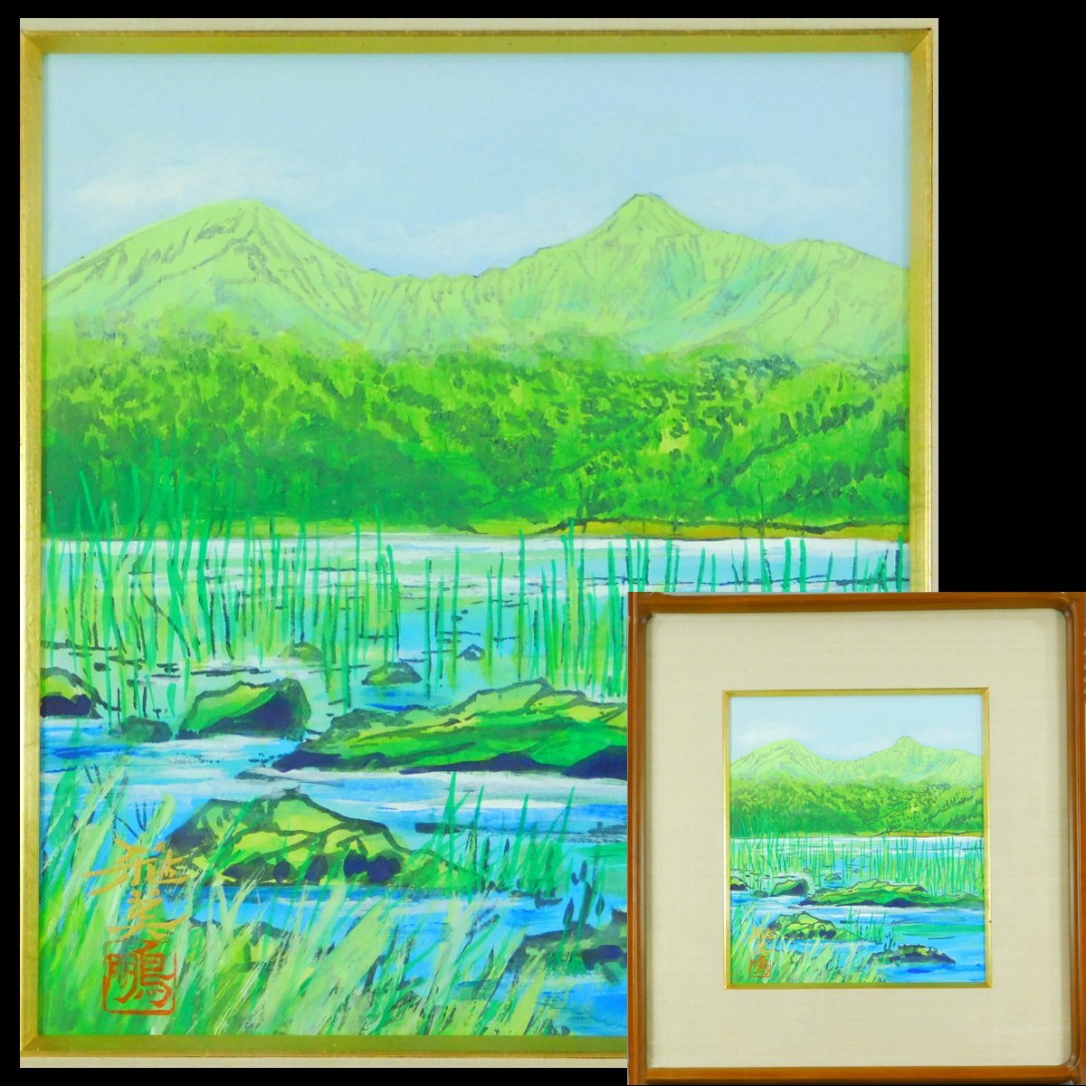 Masami Koyatsu Waterside Scenery Japanese Painting Colored Paper Handwritten Gold Inscription Framed Inten Doujin Prime Minister's Award Minister of Education Award Teacher Yukihiko Yasuda ka240317, painting, Japanese painting, landscape, Fugetsu