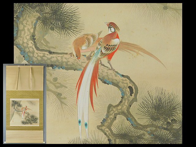 Bunbe Gosuzu, Old Shoju Belt Bird, Flower and Bird Picture, Japanese Painting, Silk, Scroll, Hanging Scroll, with Box, Teacher Nishimura Goun, Imai Kageki, OK5094, Painting, Japanese painting, Flowers and Birds, Wildlife