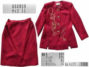 スーツ 　上下set 　長袖 ≪ 長袖 ジャケット＆ひざ丈 スカート≫ 毛62%　11号 ダークピンク系 　赤系 　レッド （新品） No.A646 　◆ ::