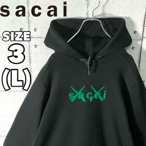 Sacai サカイ カウズ コラボ スウェット パーカー センターロゴ 黒 ブラック KAWS Flock Print Hoodie サイズ3 M相当　6445