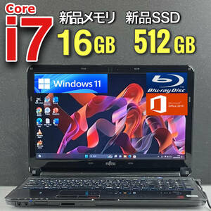 Windows11Pro☆極速i7☆【爆速新品SSD512GB+新品メモリ16GB/Core i7-2.90GHz】人気富士通ノートパソコン/Office2019 H&B/Blu-ray/USB3.0