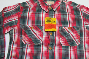 T3219シュガーケーンcaneアメリカ製s織りチェックネルシャツ赤系