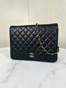 303 1円 CHANEL シャネル マトラッセ ラムスキン チェーンショルダーバッグ ブラック フルフラップ ゴールド金具 25