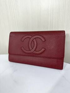 311 1円 CHANEL シャネル ココマーク デカココ キャビアスキン 長財布 二つ折り 財布 レッド 赤