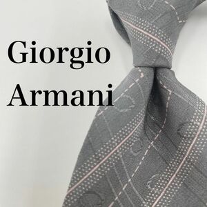 【美品】GiorgioArmani ジョルジオアルマーニ　 ネクタイ シルク ストライプ スーツ ブランドネクタイ　グレー　ピンク