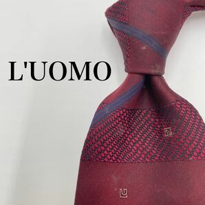 【良品】L’UOMO ネクタイ　絹　シルク　ストライプ　レッド　ワインレッド