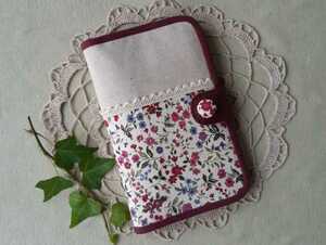 * passbook *.. notebook *. medicine pocketbook case * raw .( dark red small flower )* dark red hand made cotton flax * Liberty manner 