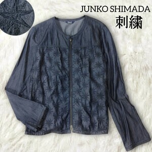 23 【PART2 JUNKO SHIMADA】 ジュンコシマダ 刺繍 ジップアップ ノーカラー ブルゾン ジャケット 13号 L ネイビー 星 スター 薄手 春 秋