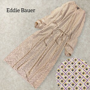 8 【Eddie Bauer】 エディーバウアー 総柄 ノーカラー シャツワンピース ロングワンピース S ベージュ スクエア柄 春夏 ベルト付き 長袖