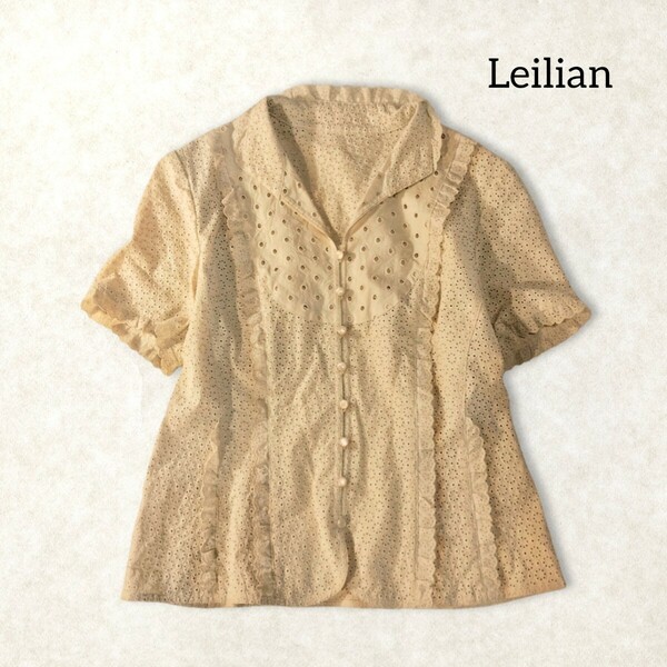 19 【Leilian】 レリアン カットワーク 半袖 シャツ ブラウス トップス 日本製 9号 M ベージュ フリル レース 透け感 綿 コットン 刺繍 夏