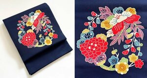 KIRUKIRU 着用可 リサイクル 塩瀬 開き名古屋帯 染 正絹 紺地に花丸紋 梅やシャクヤク 和花 花柄 着物 和装 着付け