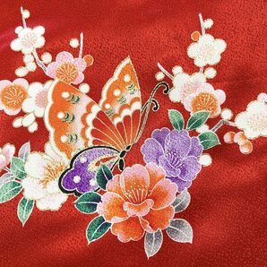 KIRUKIRU リサイクル 女児用着物 身丈134.5㎝ 赤地に蝶々やシャクヤク 和花 豪華 七五三 レトロ 和装 着付け 着物の画像10
