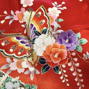 KIRUKIRU リサイクル 女児用着物 身丈134.5㎝ 赤地に蝶々やシャクヤク 和花 豪華 七五三 レトロ 和装 着付け 着物の画像9