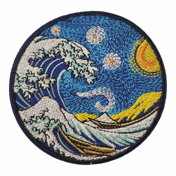 G-2【 アイロンワッペン 】 刺繍ワッペン アップリケ リメイク 波 海 芸術 アート art 絵画 月 日本 JAPAN