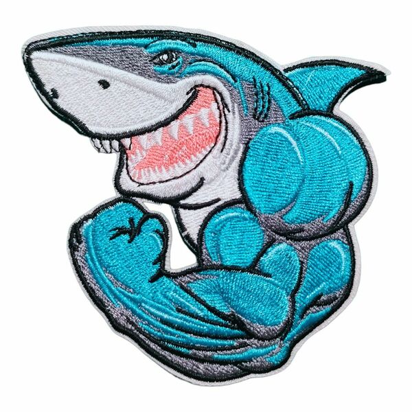 W-3【 アイロンワッペン 】 刺繍ワッペン アップリケ リメイク 鮫 サメ シャーク SHARK 筋肉 マッチョ ケンカ 喧嘩 