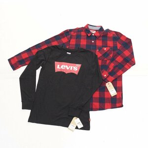 ▲489877 未使用品 LEVI'S 長袖Tシャツ バットウィングロゴロンT チェックネルシャツ 2着セット サイズL 152-158cm 子ども ブラック レッド