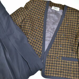 *430304 BIKIbiki thousand bird .. tweed jacket wool long flair skirt set top and bottom setup size 46 lady's Italy made gray 