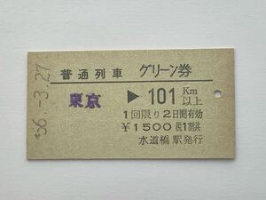 【希少品セール】国鉄 普通列車グリーン券(東京→101km以上) 水道橋駅発行 0244