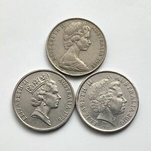 【希少品セール】オーストラリア エリザベス女王肖像デザイン 3種類 10セント硬貨 1968年 1998年 2016年 各1枚ずつ 3枚まとめて