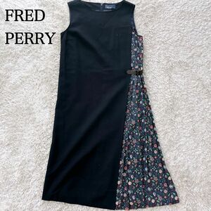 美品　FRED PERRY アシンメトリー 花柄プリーツ ワンピース ネイビー