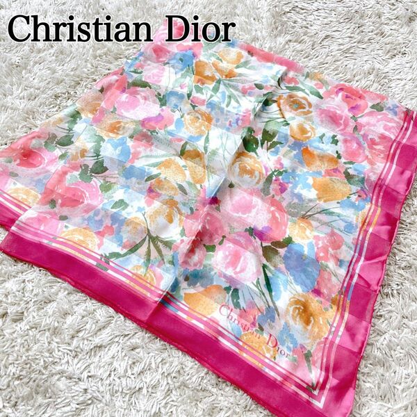 美品 Christian Dior ディオール シルク 100% 花柄　ピンク スカーフ