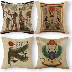 Art hand Auction Housse de coussin à motif égyptien ancien, taie d'oreiller en lin, Horus/faucon/dieu du soleil, 45.7cm, ensemble de 4 canapé-lit, produit importé, œuvres faites à la main, rideau, tissu, Housse de coussin