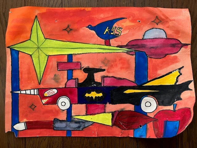 Estrella de la estación espacial, Star KSS Platillo Volador Coche Bat Mark Misil Manzana, Dibujo de estudiante de escuela primaria de la era Apple Showa Nandemo Kanteidan Envío gratis, Cuadro, acuarela, otros