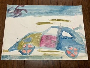 Art hand Auction Watercolor painting Car Volkswagen Beetle Sun 1962 Kindergarten children's work Free shipping, painting, watercolor, others