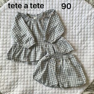 テータテート tete a tete 水色ギンガムチェックチュニック&かぼちゃパンツ ブルマ 90cm 2点セット