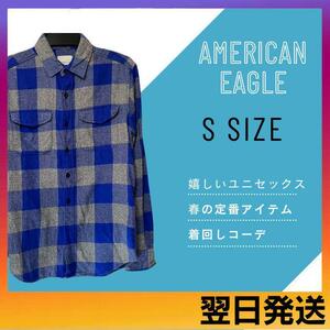 【美品】アメリカンイーグル S チェック シャツ ネル おしゃれ 青 グレー