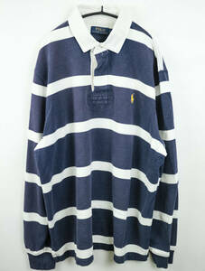 A35/POLO Ralph Lauren/ポロラルフローレン/ボーダーストライプコットン長袖ポロシャツ/鹿の子ポロシャツ/ネイビー×ホワイト/ポニーロゴ/L