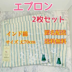 エプロン　水色　ブルー　ストライプ　綿100% リネン　インド綿　池村商会　2枚セット