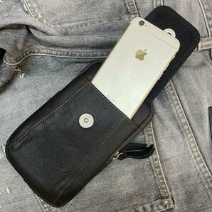 新品 本革 レザー ウエストバック ベルトポーチ 携帯電話ポケット スマホ iPhone ナスカン カラビナ 磁石 小物入れ 黒 ブラック 送料無料の画像10